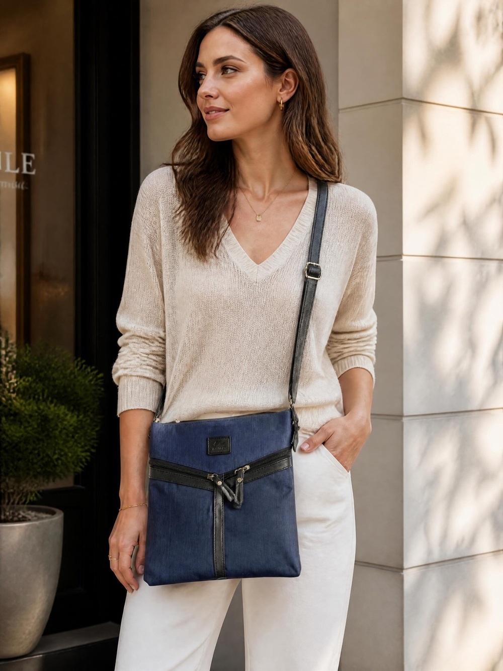 Roots Navy Blue Crossbody Bag with Black Trim